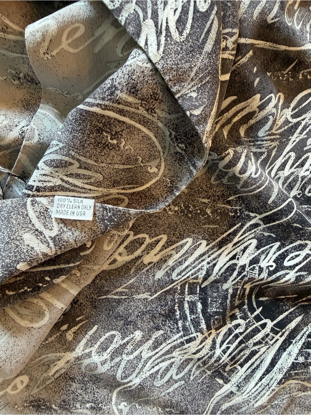 Abstract Script Silk Scarf in Black Gray and Cream